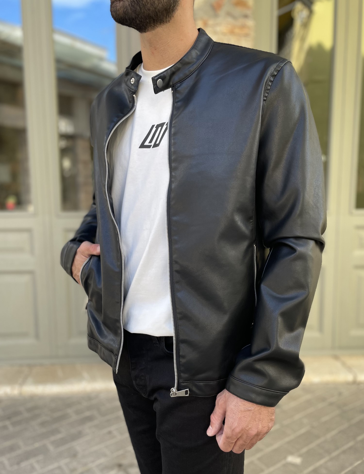 Bread and Buttons ανδρικό μαύρο Jacket από δερματίνη με μάο γιακά G12317 φωτογραφία